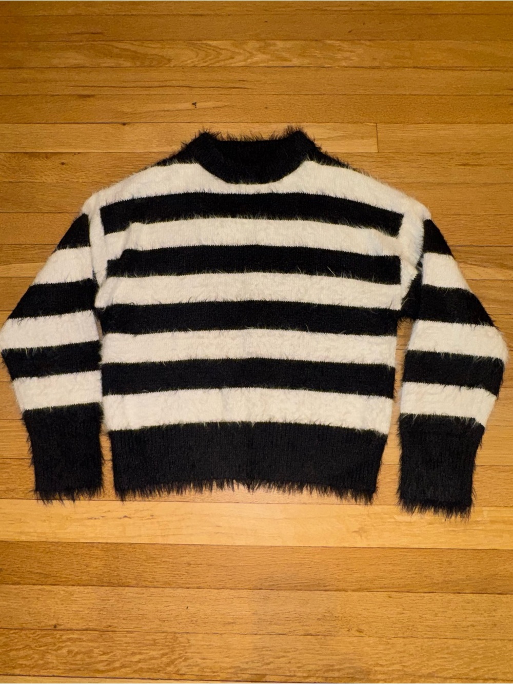 A New Day Fuzzy Black and White Striped Crewneck Sweater